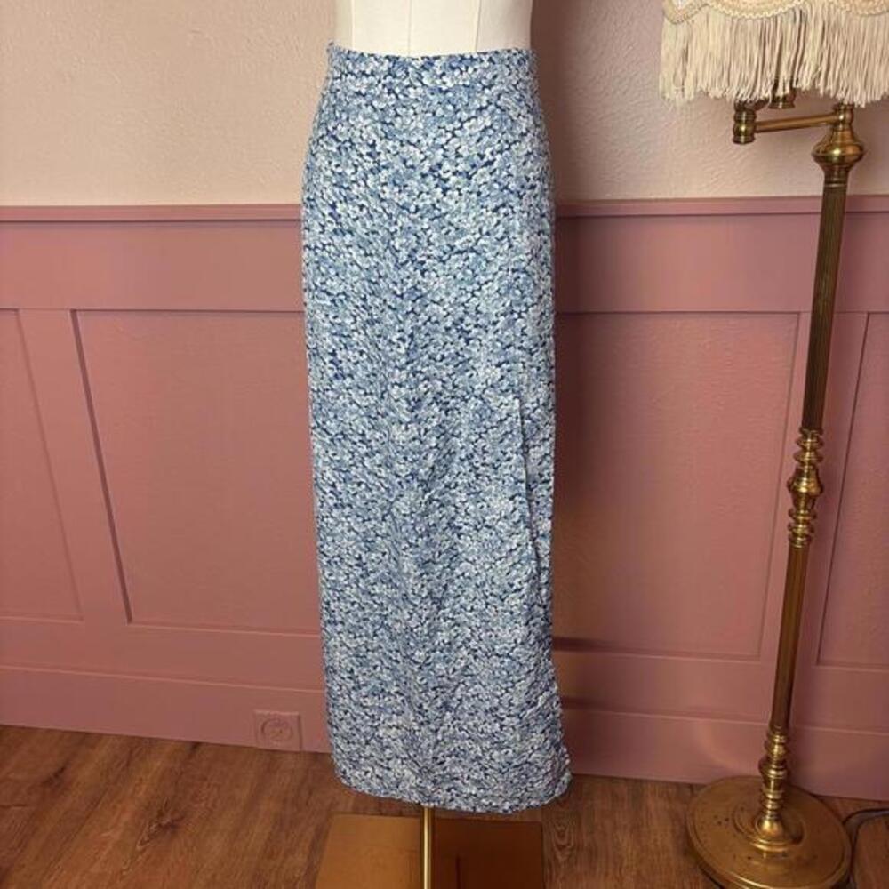 cottage fairy floral midi slit skirt sz xs blue white